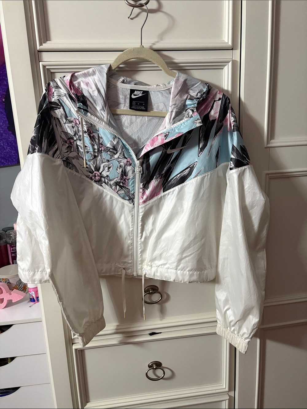 Nike White Cropped Windbreaker Jacket with Pastel Floral Panels